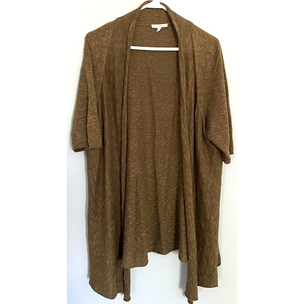 Eileen Fisher Sweater Womens L Brown Open Front Cardigan Linen Cotton Knit